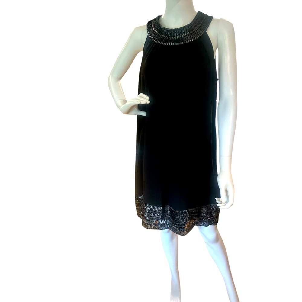 Black Dress with Metallic Silver Accents by SLNY Fashions LG